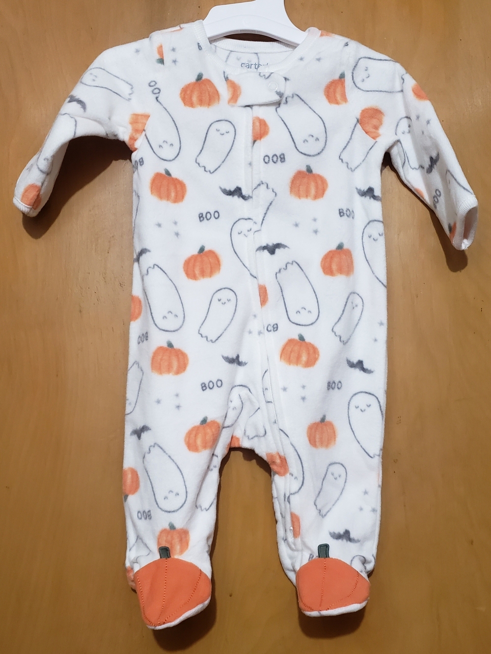 Carter's White & Orange Halloween Ghost and Pumpkin Fleece Footed One-Piece